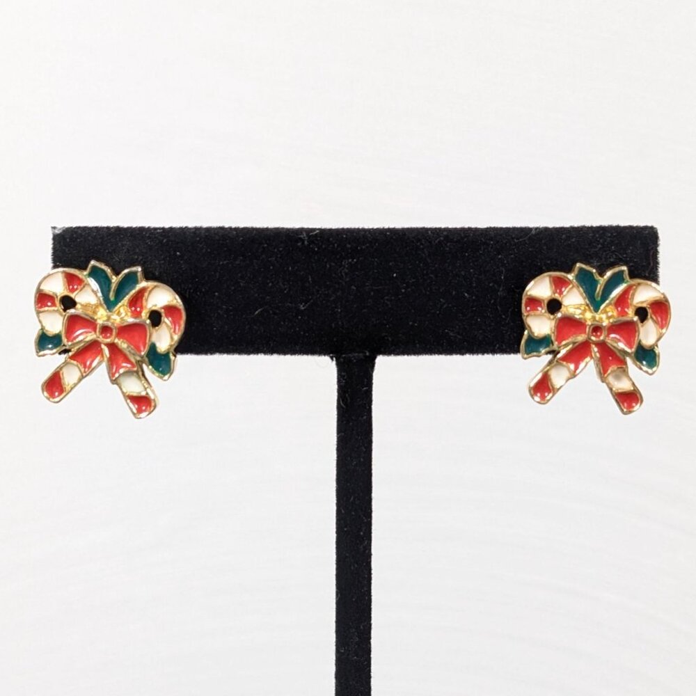 Vintage Christmas Candy Cane‎ Pierced Earrings Red White